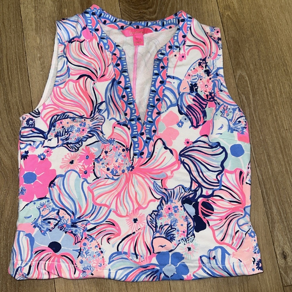 Lilly Pulitzer Tank Top Womens Small Sea Life Print Sleeveless Summer Blue Coast